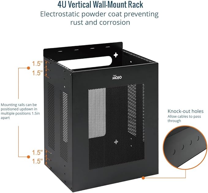 Tecmojo 4U Server Rack, Vertical/Horizontal Wall Mountable Rack with Vented Enclosure for 19 Inch IT Equipment, Cable Modems, Telecom, A/V,Black