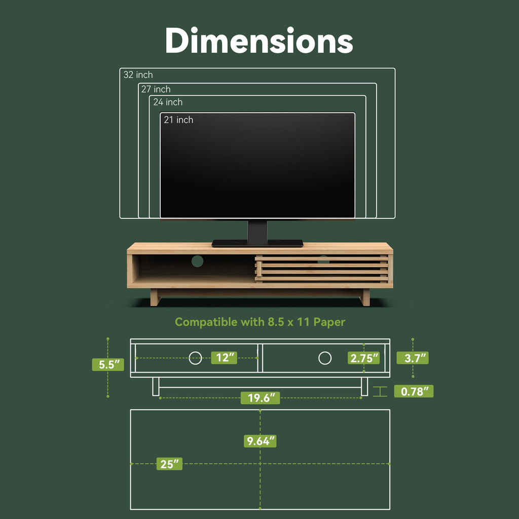 WELL WENG 25" Monitor Stand with Sliding Doors Desk Shelf Bamboo