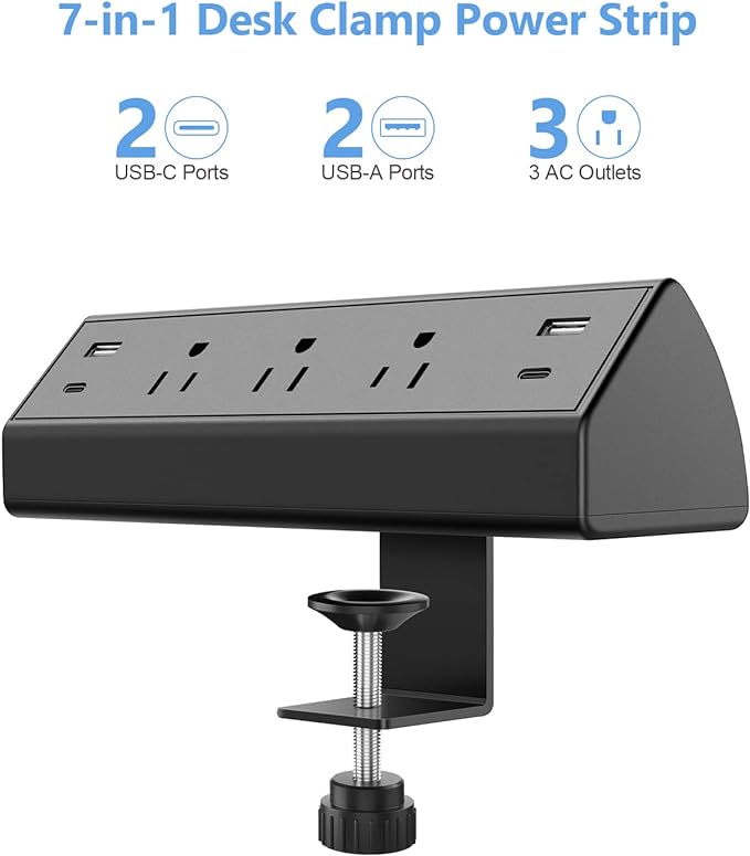 Jgstkcity Desk Clamp Power Strip,40W Total Fast Charging Station,2 PD 20W USB C Ports,Desk Edge Mount Surge Protector for Home, Office,3 Outlets,Fit 1.96" Tabletop Edge,ETL Listed