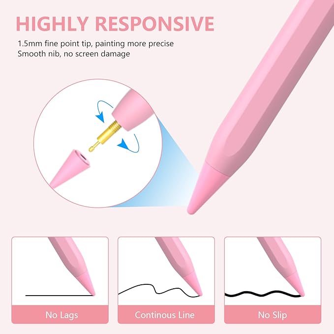 Stylus Pen for iPad 2018-2023 With Palm Rejection, Active Pencil for iPad Pro 11/12.9 Inch, Air 5th/4th/3th Gen, Mini 6th/5th Gen, 10th/9th/8th/7th/6th Generation (Pink)