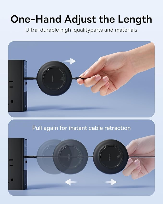 Baseus USB C Cable, 100W 2-Pack 6.6ft Retractable USBC to USBC Fast Charging Cable, 7-Stage Length Preset Retractable Type C Cord for iPhone 16 15 Pro Plus Pro Max, MacBook, iPad Pro, Samsung S24/S23