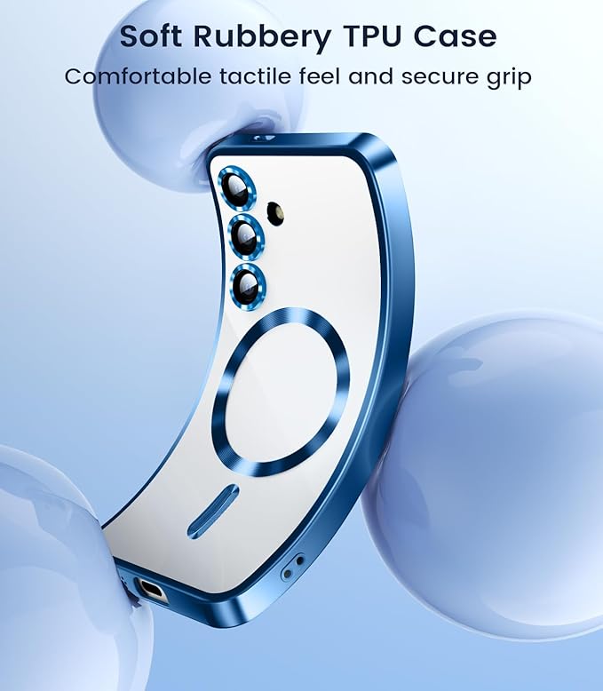 Slim Thin for Samsung Galaxy S25 Case, Compatible with MagSafe, Built-in Camera Lens Protector, Shockproof Protective Phone Case, Soft Electroplated Clear Phone Cover, Sapphire Blue