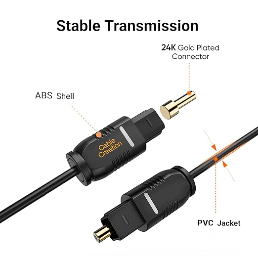 CableCreation Optical Digital Audio Cable 10FT, Thin Fiber Optic Toslink Gold Plated Optical S/PDIF Cord for Home Theater, Sound Bar, TV, PS4, Xbox, VD/CD Player, Game Console& More, Black