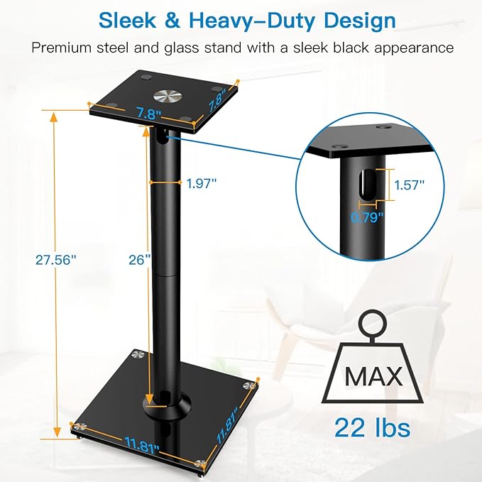 PERLESMITH Universal Floor Speaker Stands 26 Inch for Surround Sound, Klipsch, Sony, Edifier, Yamaha, Polk & Other Bookshelf Speakers Weight up to 22lbs - 1 Pair