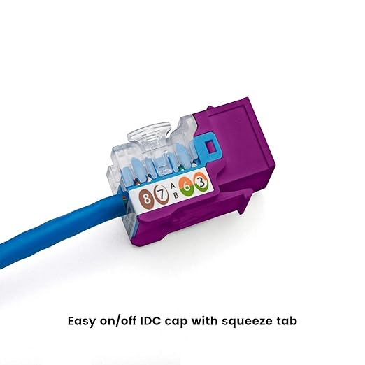 trueCABLE Cat5e Keystone Jack, Unshielded (UTP), 90 Degree Punch-Down, PoE++ (4PPoE) 100W, UL Listed, ETL Verified, ANSI/TIA Certified, Modular RJ45 Female, Purple, 24 Pack