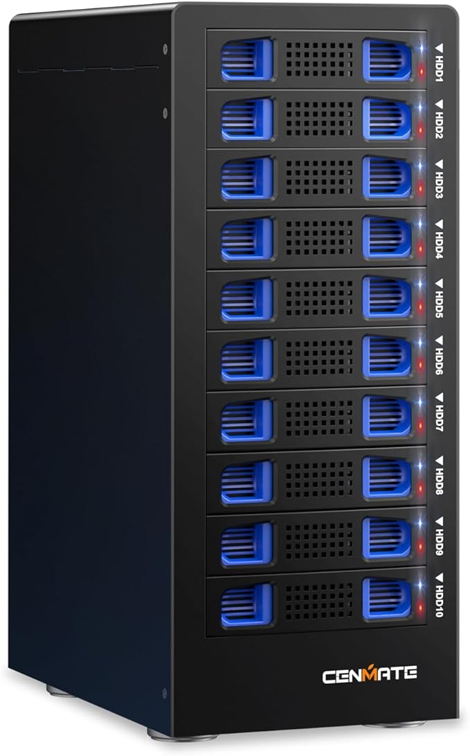 10 Bay Hard Drive Enclosure with Cooling Fan for 2.5/3.5" SATA HDD/SSD with USB A/C 3.0 Cable, 3.5 Hard Drive Enclosure Supports 200TB Capacity, Tool-Free HDD Enclosure, DAS(NO RAID/NAS)