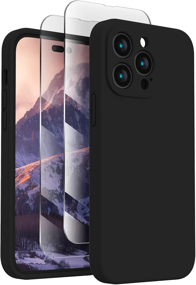 FireNova for iPhone 14 Pro Case, Silicone Upgraded [Camera Protection] Phone Case with [2 Screen Protectors], Soft Anti-Scratch Microfiber Lining Inside, 6.1 inch, Black