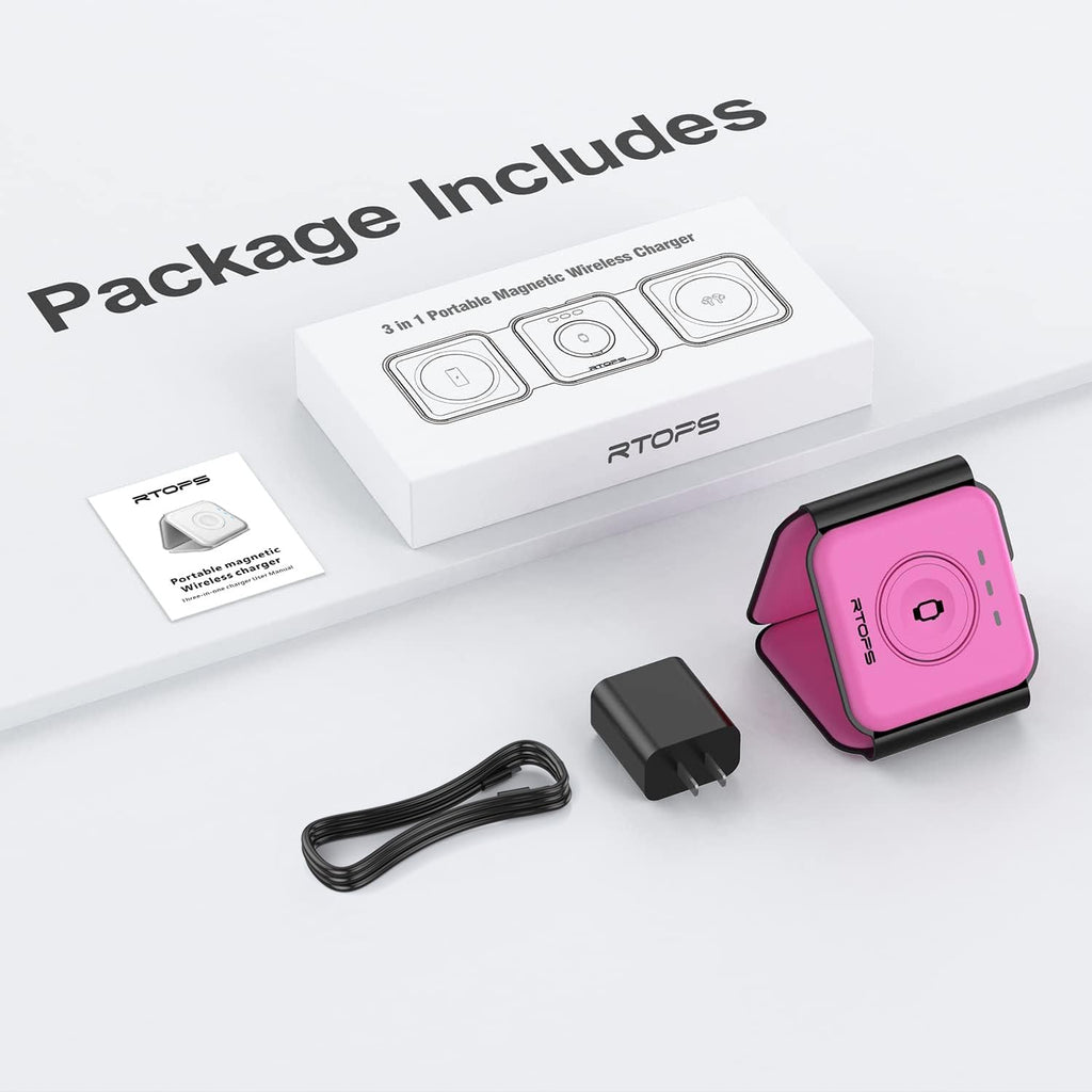 Wireless Charger 3 in 1,RTOPS Magnetic Traval Wireless Charging Station Multiple Devices,GaN 3 in 1 Charging Station,Compatible iphone17/16/15/14/13/Pro/Max,iWatch,AirPods4/3/2/Pro(Adapter Includes)