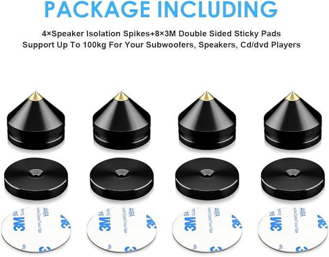 4Pcs Speaker Isolation Spikes Floor Protectors Shockproof Speaker Isolation Spikes with Base Pad for Speaker,Subwoofer,Amplifier,Turntable,Recorder CD DAC with 3m Adhesive (Black)