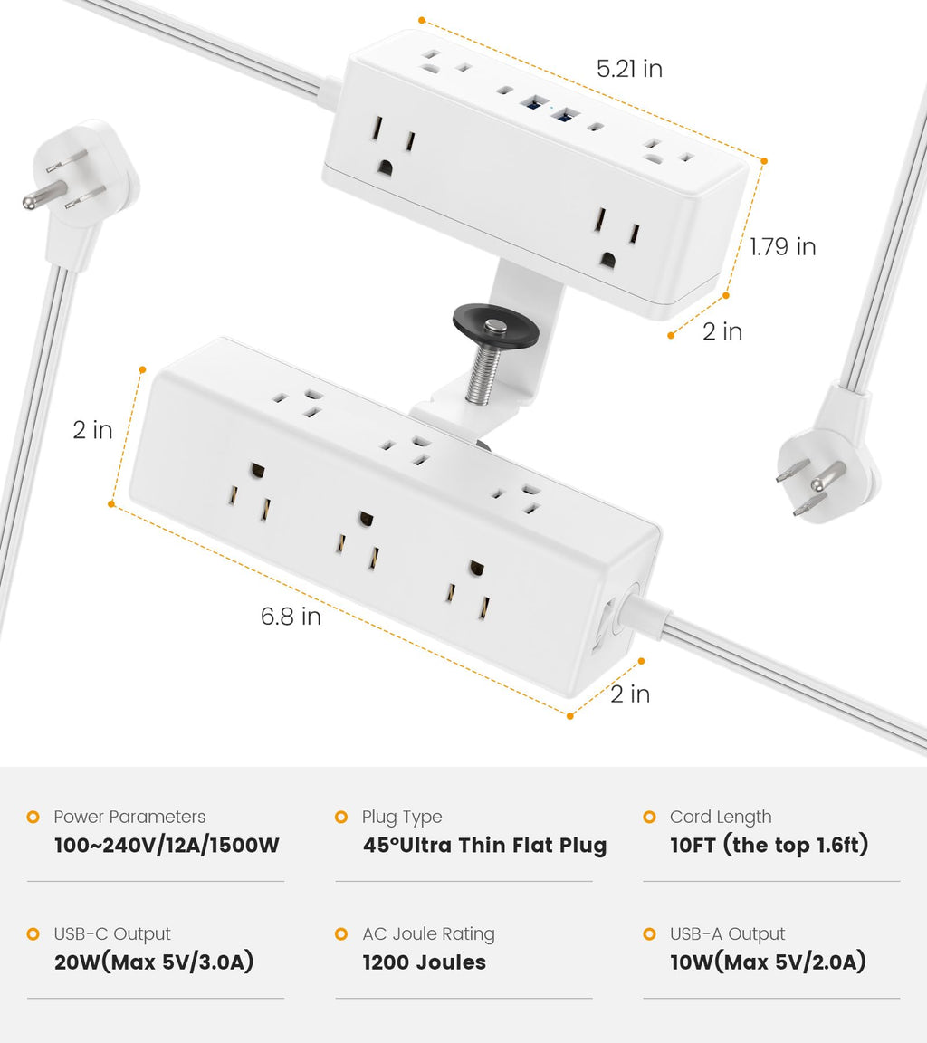 VILONG Dual Layer Desk Clamp Power Strip, 13 Outlets, 20W USB-C, 10FT Cord