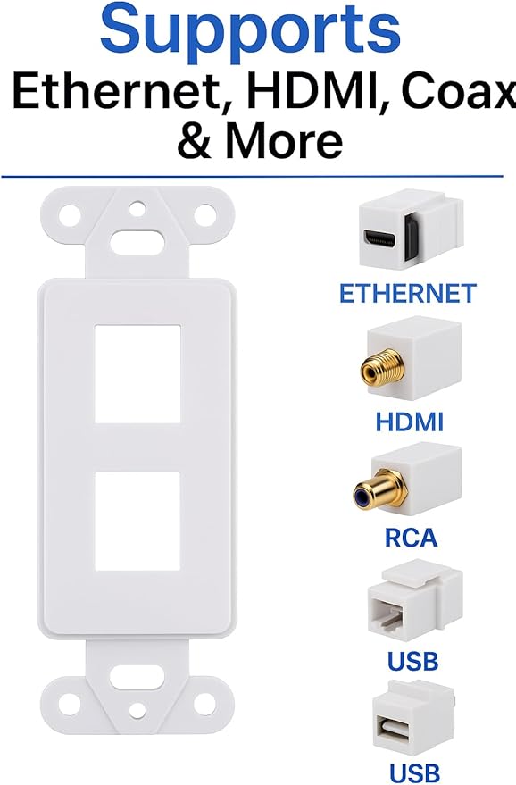 10 Pack Keystone Wall Plate 2 Port, White Decorator Insert Cover for Ethernet, HDMI, Coax, Cat6 Cat5, RJ45, Home & Office Installations