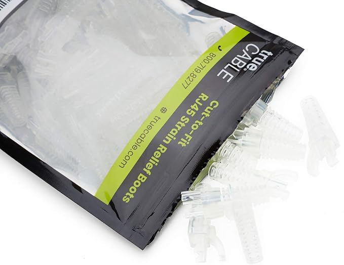 trueCABLE RJ45 Strain Relief Boots, Small 5.5 to 7.0mm Cut-to-Fit PVC Plug Cover, Transparent, 100 Pieces