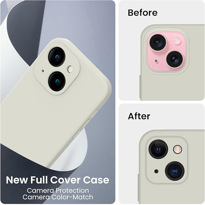 FireNova Designed for iPhone 15 Case, Silicone Upgraded [Camera Protection] Phone Case with [2 Screen Protectors], Soft Anti-Scratch Microfiber Lining Inside, 6.1 inch, Stone