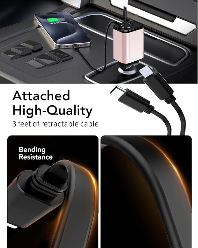 84W Retractable Car Charger,Car Phone Charger USB C Fast Charge for iPhone