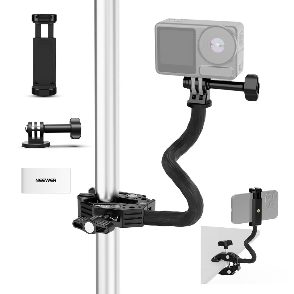 NEEWER Action Camera Mount Kit with Super Clamp, Soft Tube, Action Camera Adapter, Adjustable Holder for Flat/Round Surfaces, Compatible with GoPro Insta360 DJI Smartphone GP-26