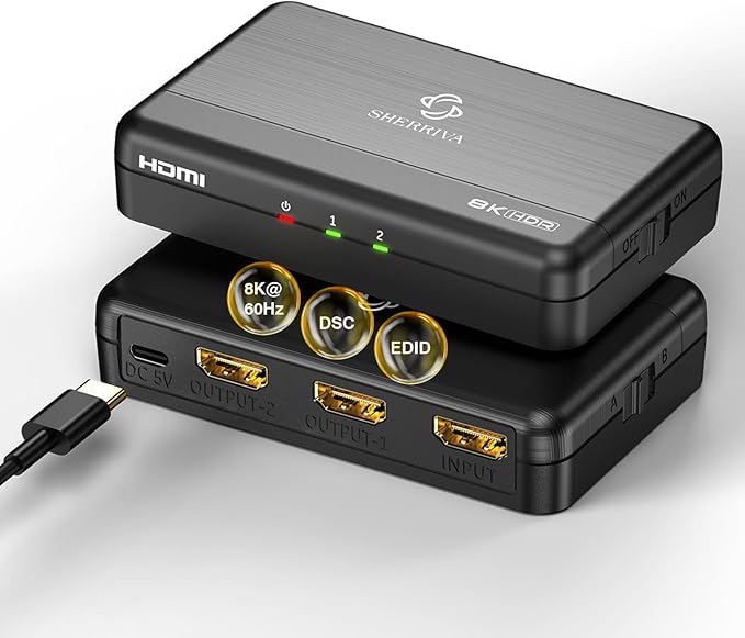 8K HDMI Splitter 1x2 – 1 in 2 Out, 8K@60Hz, 4K@240Hz (DSC), HDCP 2.3, 48Gbps, EDID, Auto Downscaling, Duplicate/Mirror Screens, Compatible with Dual Monitors, TV, PS5, Amplifier