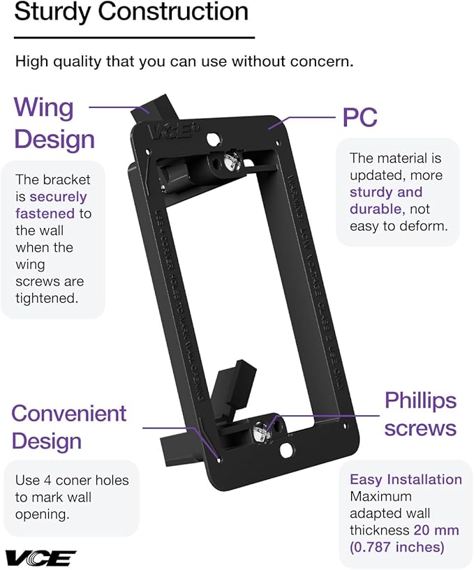 VCE Low Voltage Mounting Bracket (1 Gang, 5 Pack) for Single Gang Wall Plate, Telephone Wires, Network Cables, HDMI, Coaxial, Speaker Cables, Black