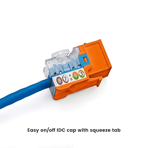 trueCABLE Cat5e Keystone Jack, Unshielded (UTP), 90 Degree Punch-Down, PoE++ (4PPoE) 100W, UL Listed, ETL Verified, ANSI/TIA Certified, Modular RJ45 Female, Orange, 24 Pack