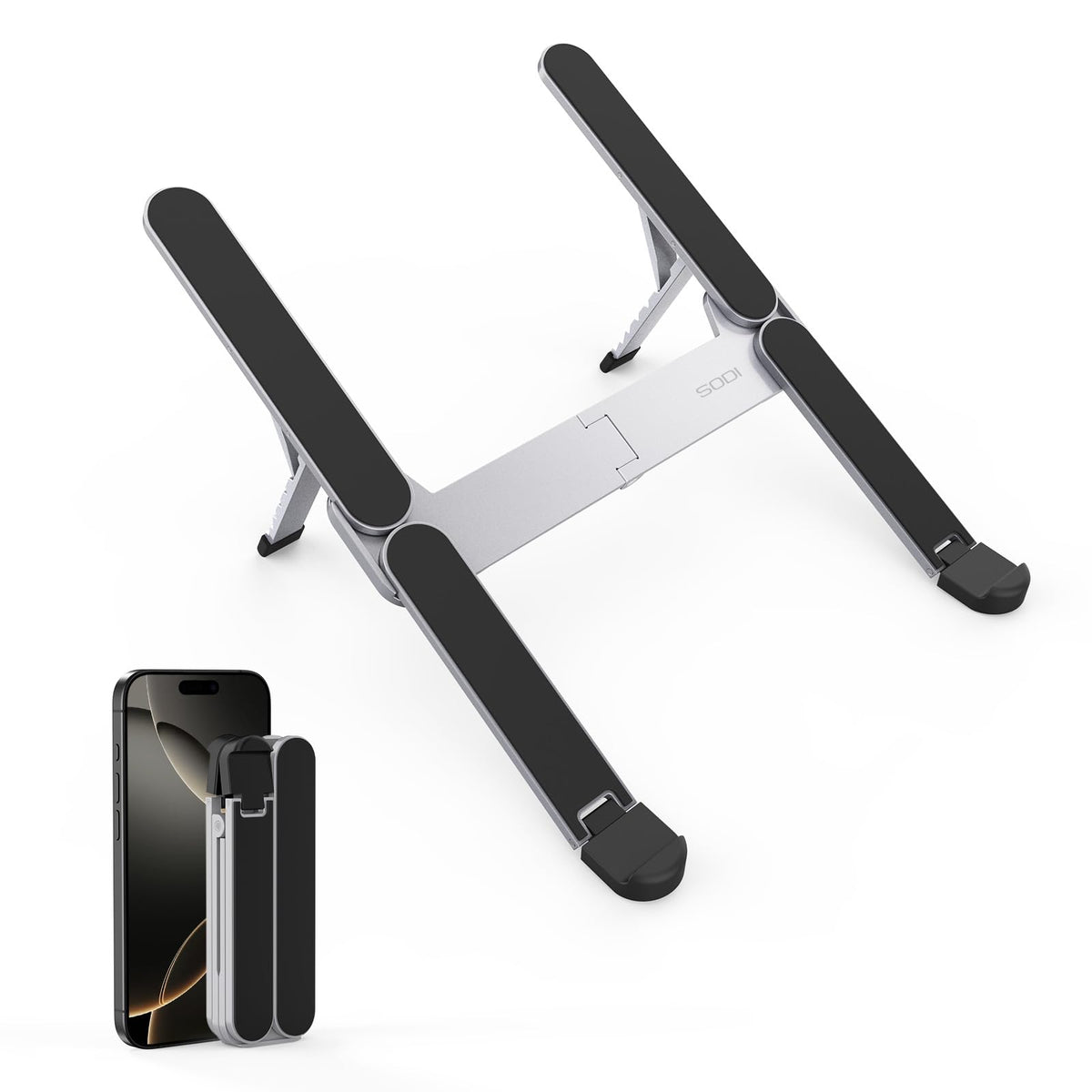 SODI Ultra Compact Foldable Laptop Stand - Portable Laptop Holder for Desk & Travel Use, Ergonomic Aluminum Computer Holder with Adjustable Height for MacBook, Tablet 10-16" (Dark Black, Bi-Fold)