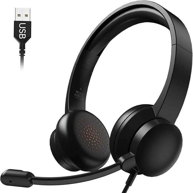 USB Headset with Microphone for PC, Wired Headphones with Mic USB Headsets with Noise Cancelling Microphone, Computer Headset with Microphone for Home Office Online Class Teams Skype（Black）