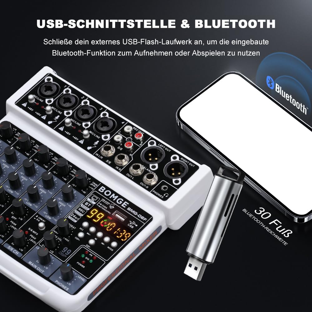 BOMGE 6 Channel mini DJ Audio sound mixer console with USB interface, Bluetooth, Stereo Recording, 48V Phantom Power, 99 DSP effects for karaoke, singing, live，streaming，pc recroding. (white)