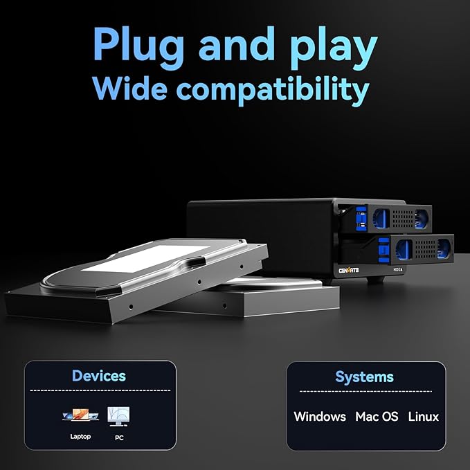 Aluminum Dual Bay 10Gbps Hard Drive Enclosure with Cooling Fan for 2.5“/3.5" SATA HDD/SSD with USB A/C 3.2 Gen 2, Support Hot Swappable, Daisy Chain Expansion, Tool-Free, DAS(NO RAID/NAS)