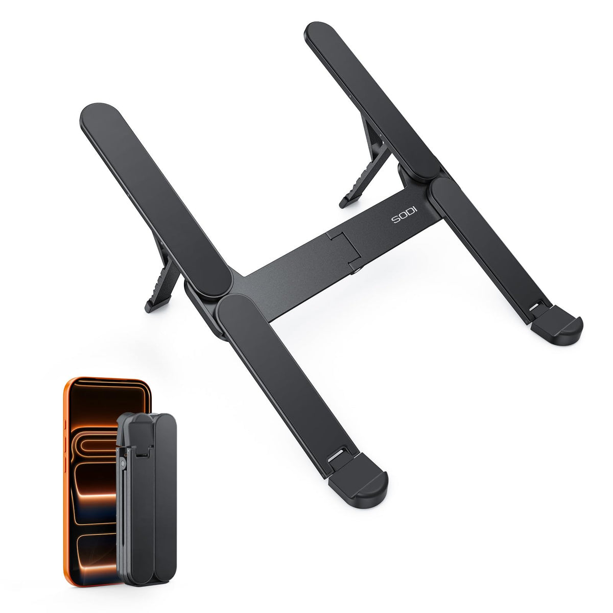 SODI Ultra Compact Foldable Laptop Stand - Portable Laptop Holder for Desk & Travel Use, Ergonomic Aluminum Computer Holder with Adjustable Height for MacBook, Tablet 10-16" (Dark Black, Bi-Fold)