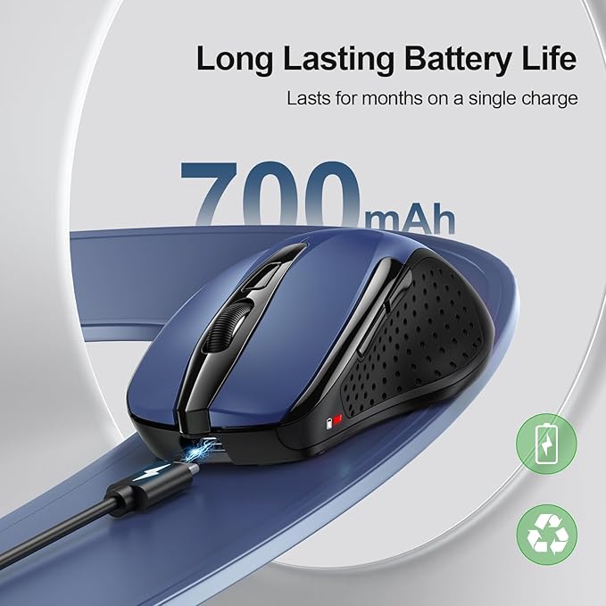 TECKNET Rechargeable Wireless Mouse, 2.4G Silent Mouse, Quiet Click, 6 Adjustable 4800 DPI, Cordless Computer Mice, Ergonomic Mice for Laptop, 6 Buttons USB-A for Chromebook, Ergo Grip - Blue