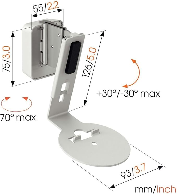 Vogel's SWM 4111 Speaker Wall Bracket for Sonos ERA 100, Max. 11 lbs (5 kg), Tiltable -30º/+30º, Swivels up to 70º (Left/Right), White, 1 Bracket