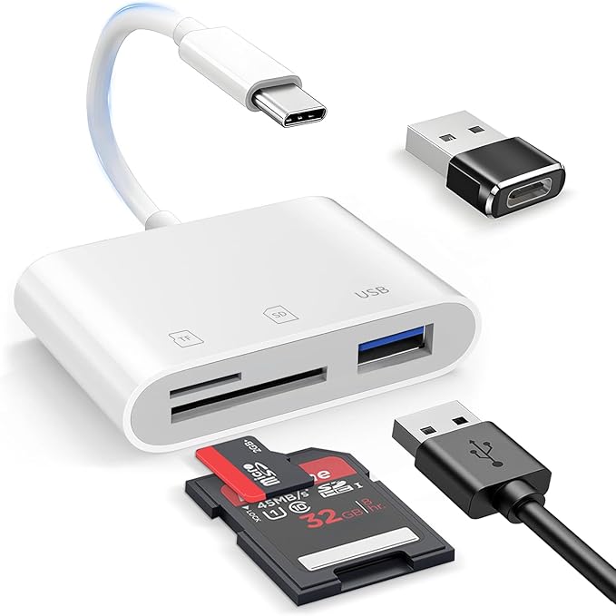 USB C SD Card Reader，SD Card Reader USB C for iPhone 15 16/iPad/Mac/Laptop，3 in 1 sd Card Reader with Dual Slots & USB Port for Mac MacBook Pro/Air/Mini Android Laptop More USBC Typec Devices