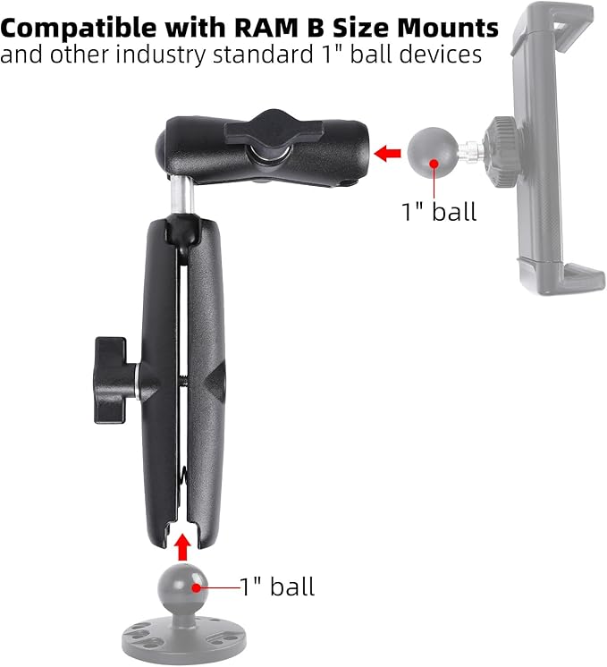 Dual Extension Double Socket Arm with 1" Double Ball Adapter Compatible with RAM B Size Mount and Other 1 inch Industry Standard Device, 360° Rotation Rod for Bike, Truck, Car (10.47" Length)