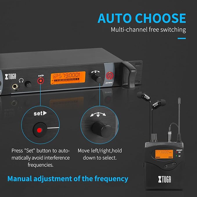 XTUGA RW2080 Wireless in Ear Monitor System Mono with 2 Bodypacks, Dual Channel Design IEM UHF System Stage Monitors Earphone 300Ft Range, 40 Frequencies for Band, Studio, Musicians, 902-928mhz