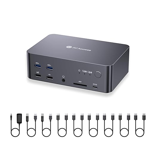 (Desktop only) AV Access Docking Station Triple Monitor 8K@60Hz, with 6 DP Cables, DisplayPort 2.0, 1G Ethernet, USB 3.0, KVM Switch 3 Monitors 2 Computers, 4K@165/144Hz, 2K@144Hz for Dell HP