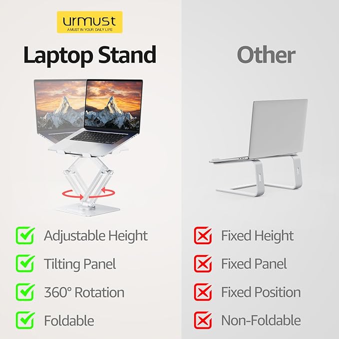 Urmust Height Adjustable Laptop Stand for Desk with 360°Rotating Base, Foldable & Portable Laptop Riser, Computer Accessories for Collaborative Work, Compatible with MacBook Pro, All Laptops 10"-17"