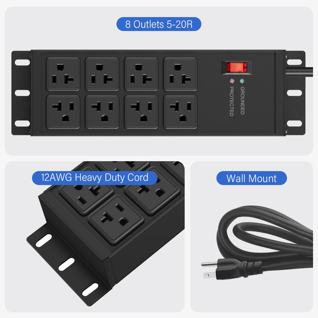 CCCEI 12 Gauge Heavy Duty Power Strip, 8 Ports, Black, 12FT.