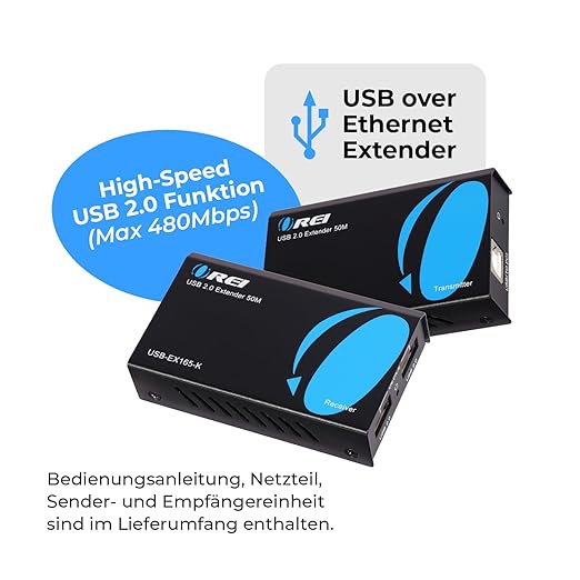OREI USB Over Cat5e/6 Extender Upto 165 Feet - Extends USB 2.0 Signal Over LAN Ethernet with 2 Ports - Power Over Cable for Long Distance Extension Supports All Operating System (USB-EX165-K)