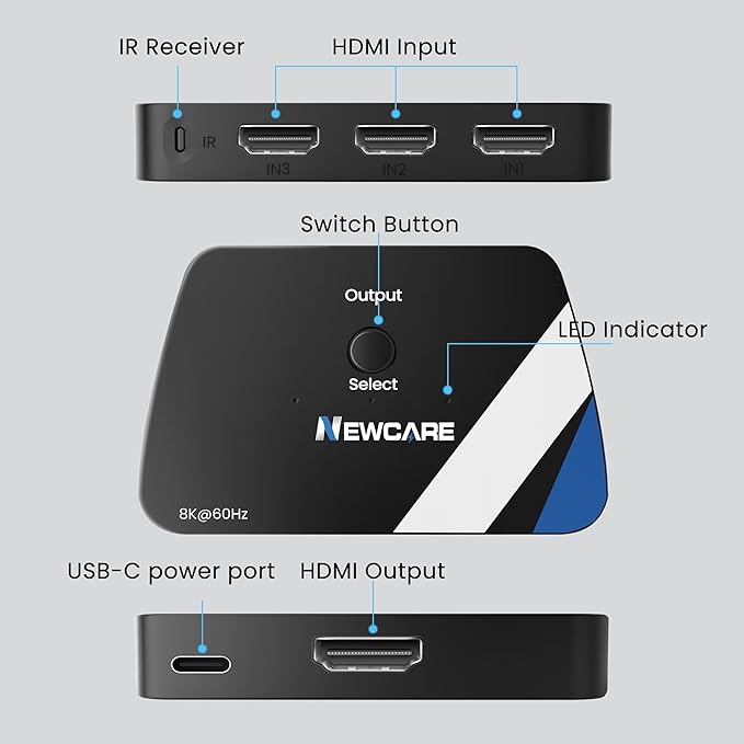 NEWCARE 8K HDMI Switch 3 in 1 Out, HDMI 2.1 Switch with Remote, HDMI Splitter 4K@120Hz Support 8K@60Hz HDCP2.3 HDR10+ VRR ALLM Dolby, HDMI Switcher Compatible with TV PS5/4 Xbox Laptops PC Projector