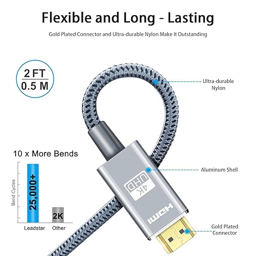 LEADSTAR HDMI Cable 4K 2 ft / 0.6m, High Speed HDMI 2.0 Cord Braided | 4K@60Hz, Ultra HD, 2160p, ARC, HDR, 3D, HDCP 2.2 | for Xbox, PS5, TV, Laptop, Monitor