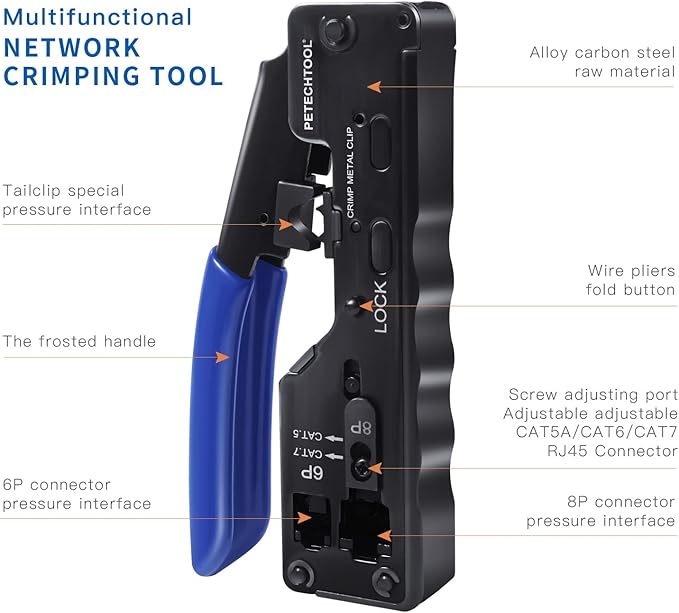 RJ45 Crimp Tool Ethernet Crimping Tool Wire Cutter Crimper For Cat7 Cat6a Cat6 Cat5e Pass Through Connectors