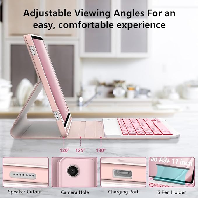 Galaxy Tab A9 Plus Case with Keyboard 5G 11 Inch 2023 (SM-X210/X216/X218), 7 Color Backlit Detachable Tablet Keyboard Cover with S Pen Holder for Samsung Galaxy Tab A9+ 11" (Pink)