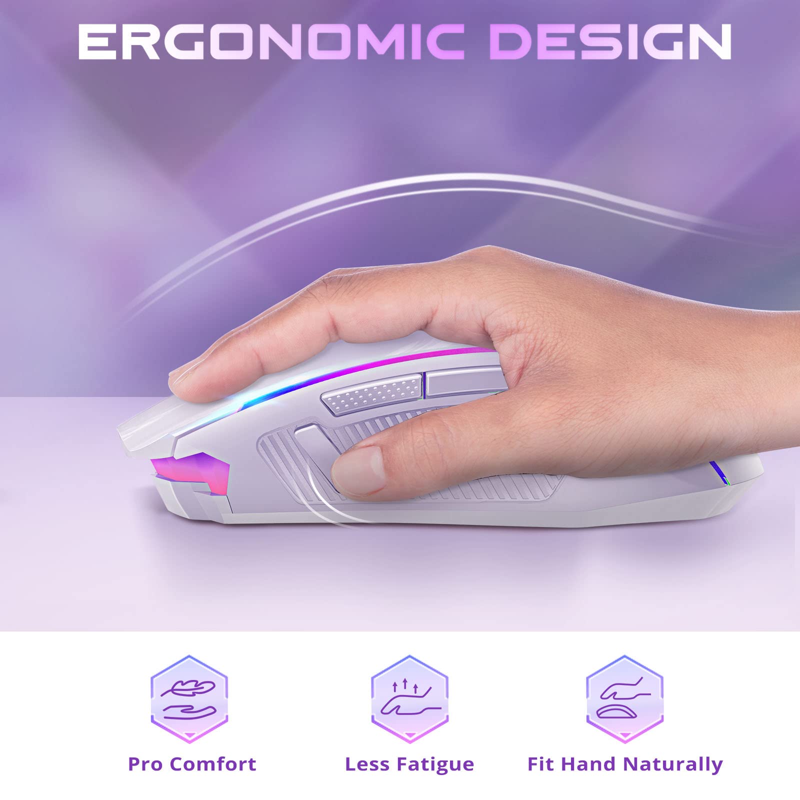 Redragon Wireless Gaming Mouse with RGB Backlit, 8000 DPI, with Fire Button, Macro Editing Programmable,70Hrs for Windows/Mac, Rechargeable, White, M910-WS