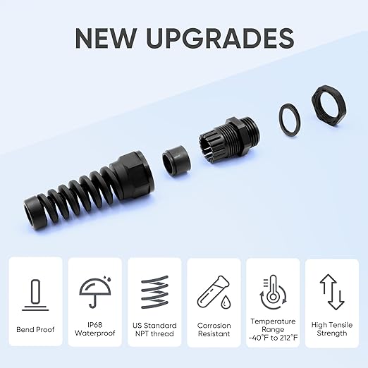 Strain Relief Cord Connector,LISTENJIALE 5Pcs NPT 3/4" Waterproof Cable Gland Flex Spiral Strain Relief Adjustable 12.5-18mm Cable Connector Nylon Joint with Gaskets(Black)
