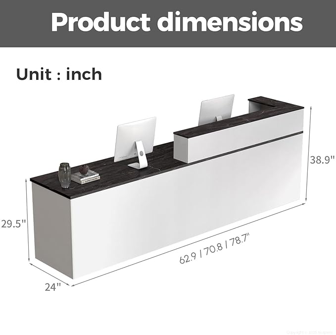 Reception Desk with Counter, Modern Front Desk Reception Counter with Keyboard Tray, Lockable Drawer and Storage Shelves for Office, Retail, Salon (White+Black/Left, 71" L*24" W*39" H)