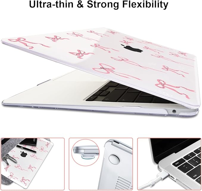 for MacBook Pro 13 Inch Case 2022 M2 2020 2021 A2338 M1 A2251 A2289 with Touch Bar & Touch ID, Pattern Plastic Hard Case Keyboard Cover Screen Protector Webcam Cover Brush, Pink Bowknot