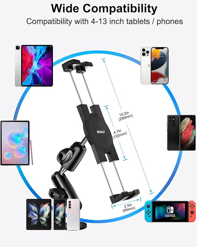 woleyi Aluminum Drill Base Tablet Holder for Car Dashboard - [360° Adjustable 2-Stage Arm] Heavy Duty Tablet Mount for Truck Car Mount Wall Desk, for iPad Pro/Air/Mini/Galaxy Tab/Z Fold, 4-13" Devices