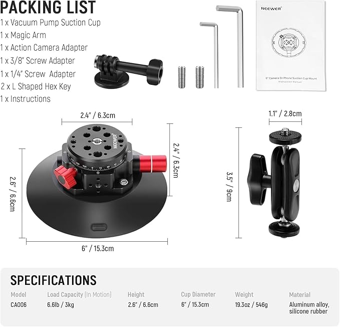 NEEWER 6" Suction Cup Camera Mount with Ball Head Magic Arm, 2 Pack Metal Car Mount for Camera/Action Camera/Phone, Air Pump Vacuum on Car or Window Glass with 1/4" 3/8" ARRI Mounting Holes, CA013