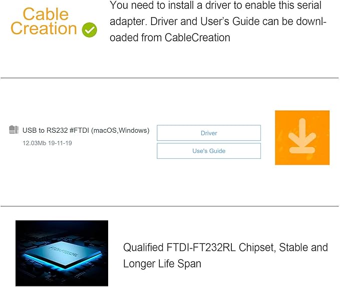 CableCreation USB to RS232 Serial Adapter (FTDI Chipset), USB to RS232 Gold Plated DB9 Serial Converter Cable for Windows 11, 10, 8.1, 8, 7, Vista, XP, 2000, Linux and Mac OS X, macOS, 6.6 Feet/2M