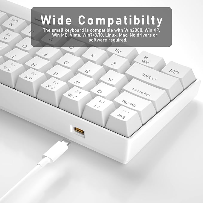 60% Mechanical Gaming Keyboard, White Gaming Keyboard with Red Switches, Detachable Type-C Cable Mini Keyboard with Blue LED Light for/PC/Laptop