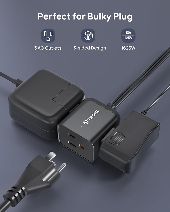 TROND 360° Rotating Flat Plug Extension Cord 15ft, Low Profile Small Power Strip, 3 Side Grounded Outlet, 13A, SPT 16/3 Gauge Cable for Indoor Home Office Kitchen Cruise Travel Essentials, Black
