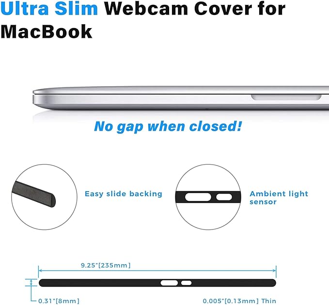 Magnetic Camera Cover for Laptop - Compatible with MacBook Models Before 2020 (No Notch), Black - Ultra-Thin 0.01-Inch Webcam Slider with Ambient Light Sensor Access